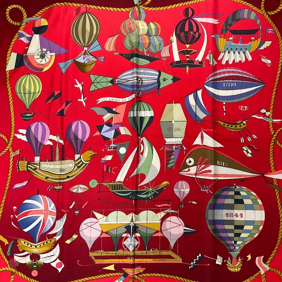 HERMES RED LES FOLIES DU CIEL PRINT SQUARE SILK TWILL SCARF - Picture 4 of 10